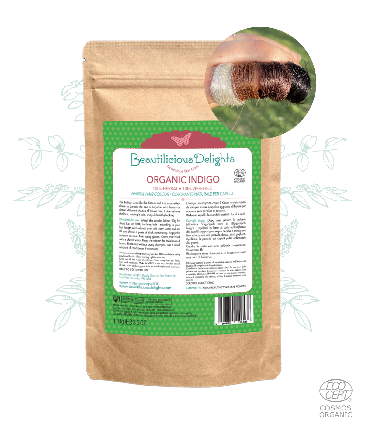 Henné Nero BIO (Indigo Indigofera Tinctoria) Tinta Naturale Capelli Cosmos Organic