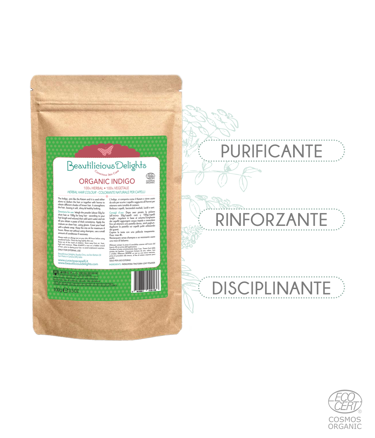 Henné Nero BIO (Indigo Indigofera Tinctoria) Tinta Naturale Capelli Cosmos Organic