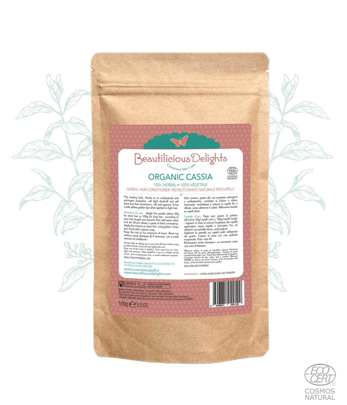 Organic Cassia Obovata (Neutral Henna) Natural Hair Treatment for Damaged Hair COSMOS ORGANIC