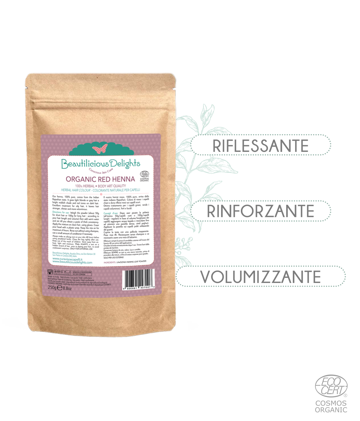 Henné Rosso BIO (Lawsonia Inermis) Tinta Naturale Capelli Cosmos Organic