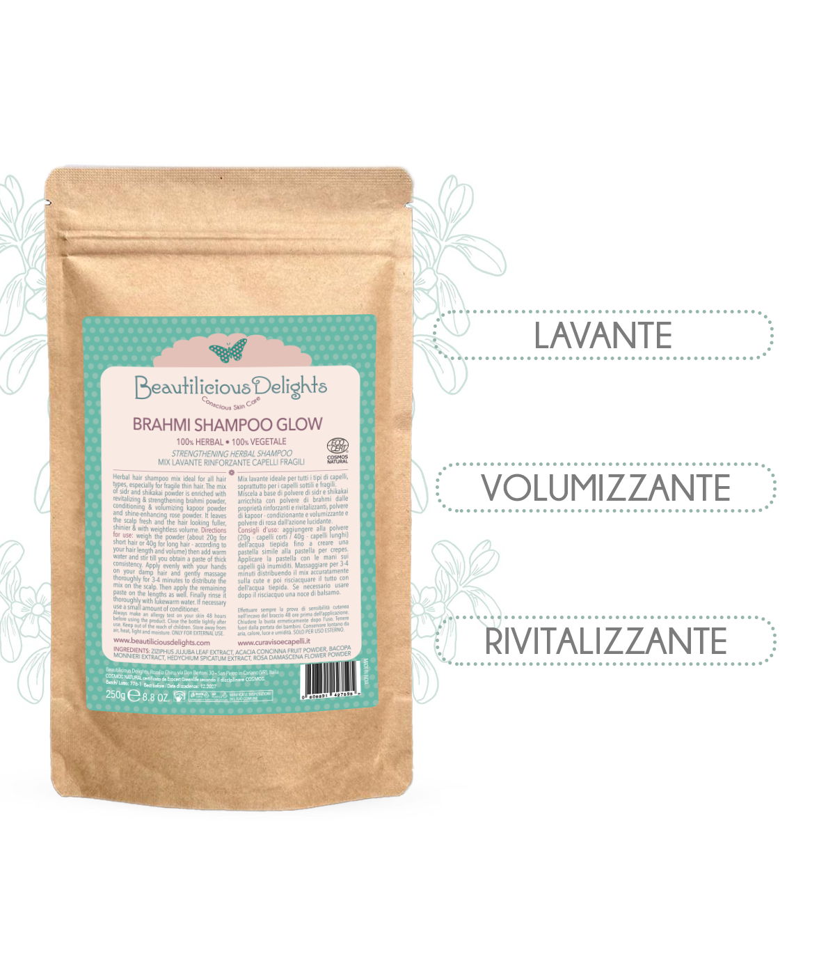 BRAHMI SHAMPOO GLOW - Mix Lavante Rinforzante Capelli Fragili Cosmos Natural